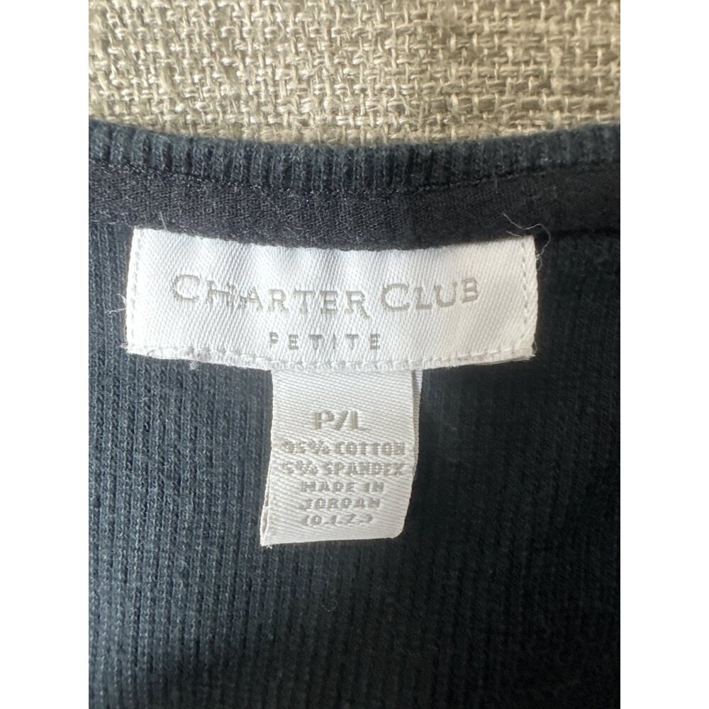 Charter Club Petite Large Womens Black Ribbed V Neck Top Button White Insert - Picture 4 of 6